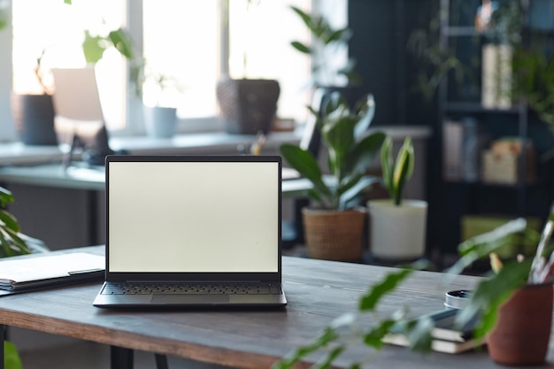 Laptop on workplace table in office with blank white screen