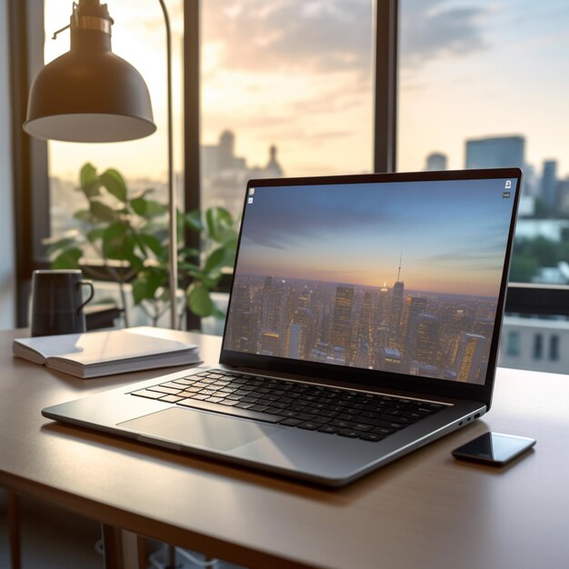 laptop zit op een bureau met een uitzicht op de stad op de achtergrond generatieve ai