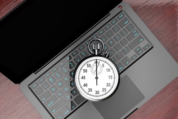 Laptopcomputer met stopwatch op een witte achtergrond