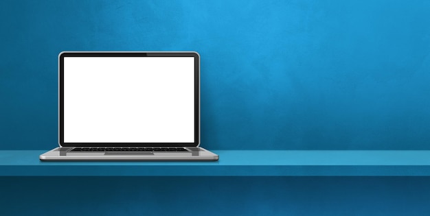 Laptopcomputer op blauwe plank banner als achtergrond 3D Illustration