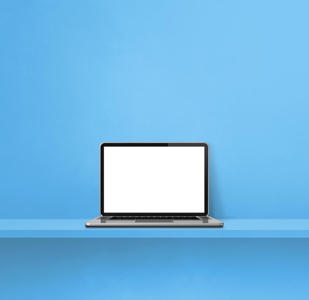 Laptopcomputer op blauwe plank. Vierkante achtergrond. 3D Illustratie