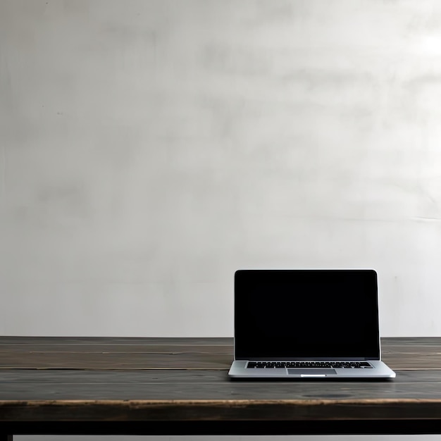 Laptopcomputer op houten tafel met betonnen muur achtergrond stock foto