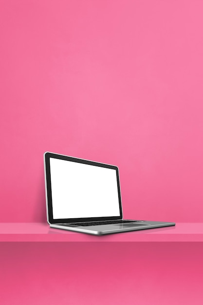 Laptopcomputer op roze plank Verticale achtergrond