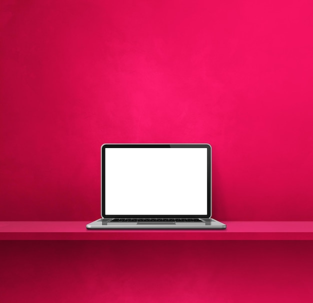 Laptopcomputer op roze plank Vierkante achtergrond 3D Illustration