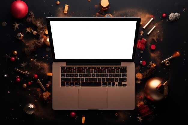 Laptopcomputer versierd met charmante kerstversieringen Generatieve AI