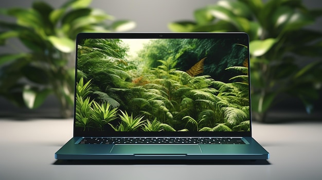 Foto laptopmodel met groene bladeren op aardachtergrond