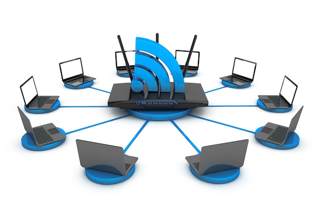 白い背景の上のWIFIルーターの周りのラップトップ