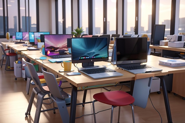 Photo laptops on desks with chairs in the office