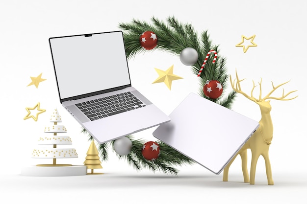 Laptops drijvend met een kerstthema-achtergrond