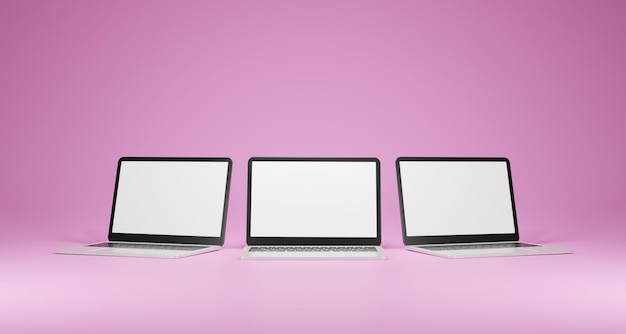 디자인 3d 렌더링 그림을 위한 빈 흰색 화면이 있는 노트북 모형