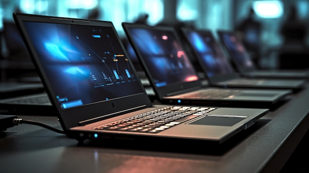 Laptops op een rij op een bureau in een generatieve AI van de conferentiezaal