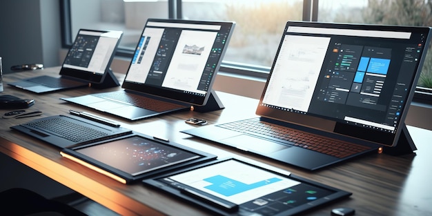 Laptops op een tafel met een scherm waarop een grafiek van een telefoon en een aantal andere laptops te zien is