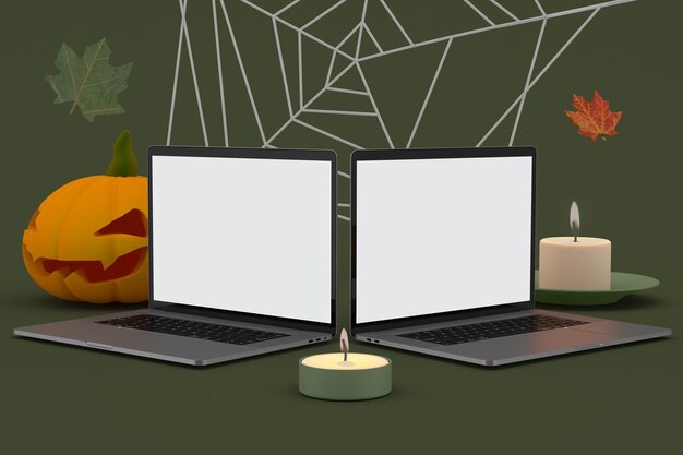 Photo laptops perspective side in halloween themed background