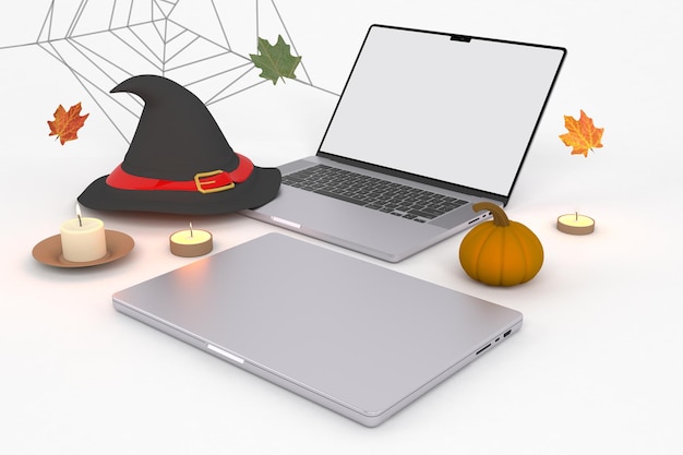 Photo laptops right side in halloween themed background