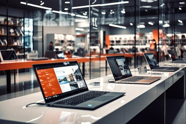 Laptops for sale on the counter in a computer store