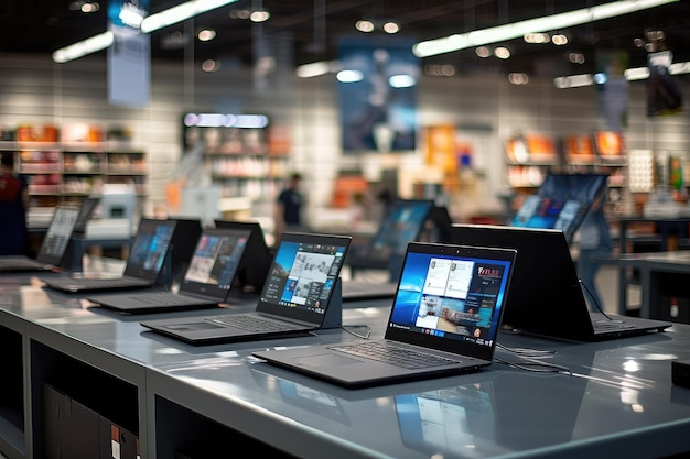 Laptops for sale on the counter in a computer store