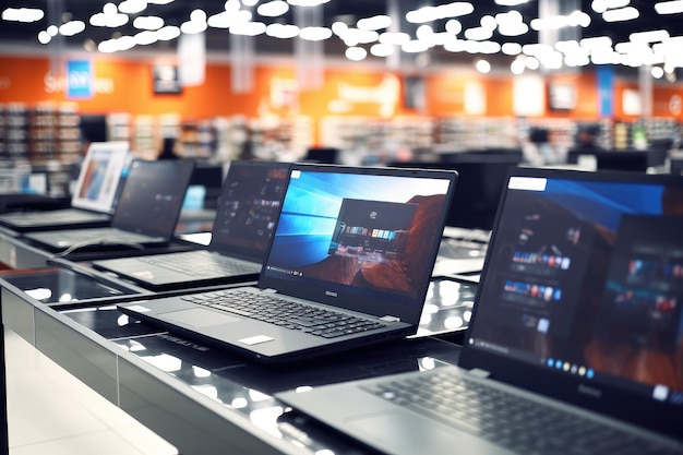 Laptops for sale on the counter in a computer store