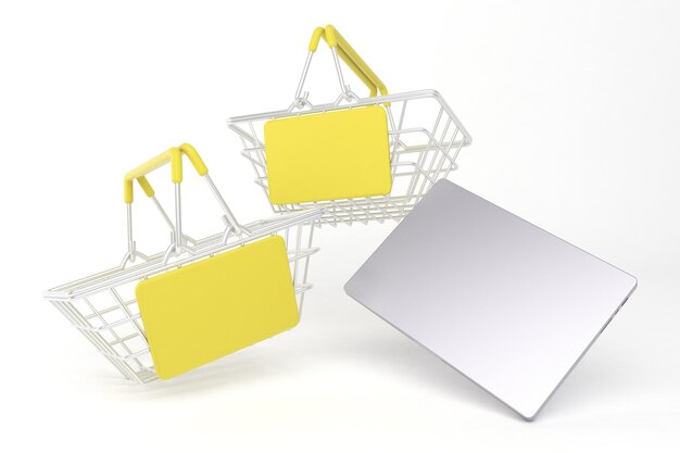 Photo laptops and shopping baskets right side in white background