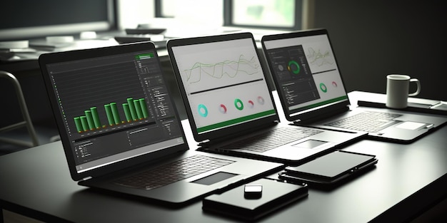 テーブルに置かれたラップトップと、電話のグラフと他の多くのラップトップが画面に表示されている