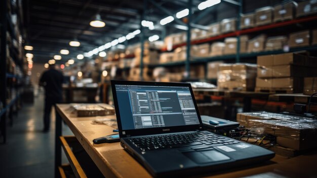 Photo laptops work as checklists in smart factories such as warehouses distribution networks