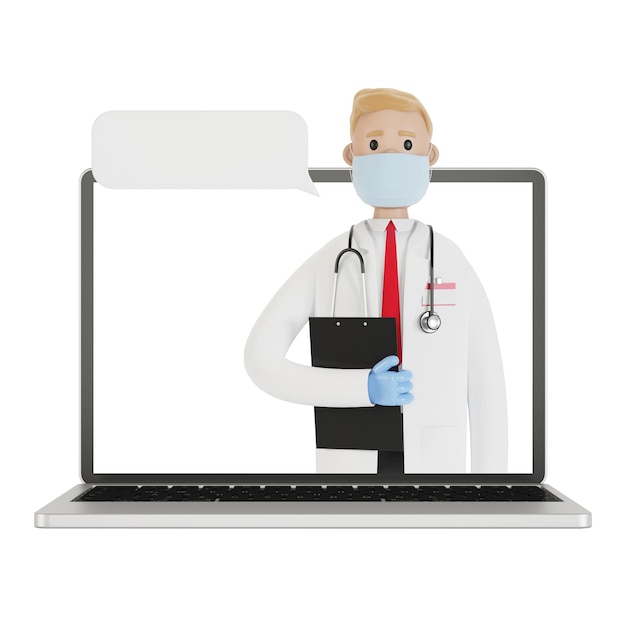 Laptopscherm met mannelijke arts. Online zorgverzekeringsconcept. De dokter heeft het contract. 3D illustratie in cartoon-stijl.