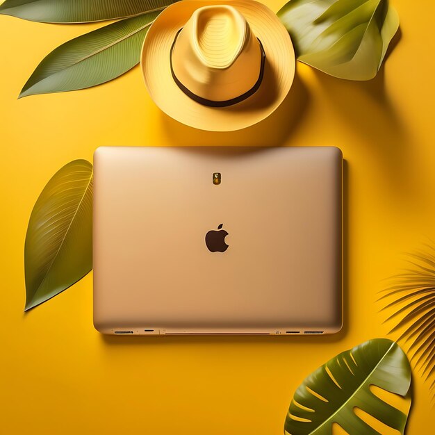 Laptopstraw hat and leaves of palm on yellow background