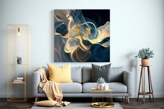 Large abstract painting of yellow and blue on wall generative ai