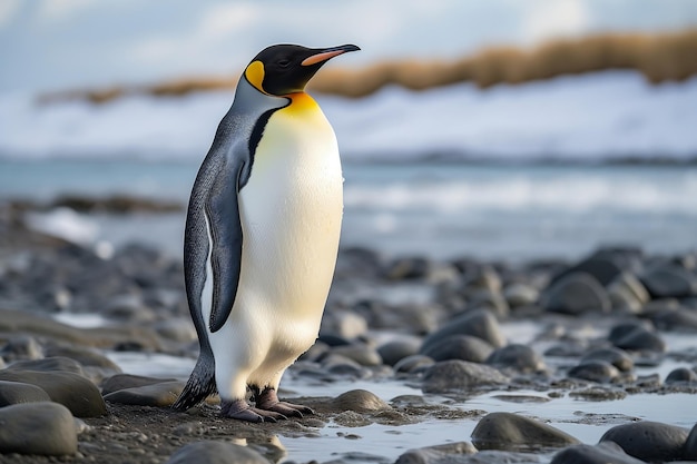 Большой взрослый императорский пингвин стоит на берегу Генеративный ИИ