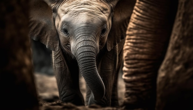 Large African elephant walking in tranquil wildlife reserve close up portrait generated by artificial intelligence