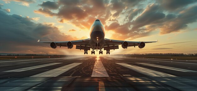 A large airliner lands on a runway