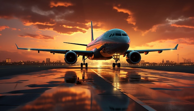 A large airplane flying over a runway into sunrise with sun shining Travel concept 3D Rendering