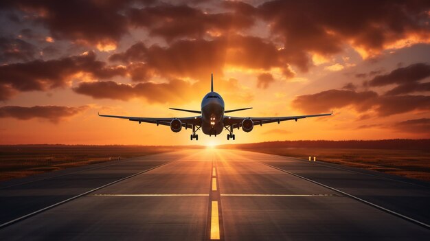 A large airplane flying over a runway into sunrise with sun shining travel