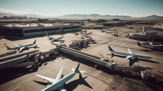 A large airport with planes parked on the tarmac and mountains in the background.