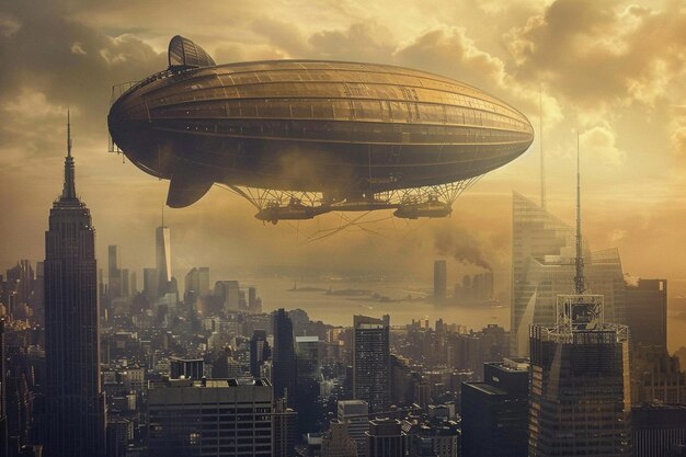 a large airship flying over a city with a city in the background