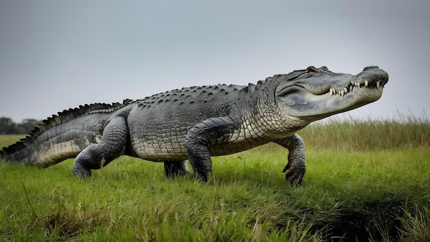 A large alligator crossing on the grass