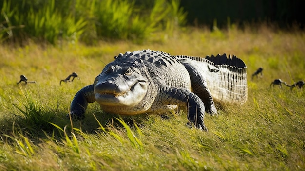 A large alligator crossing on the grass