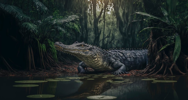 Large alligator in a jungle