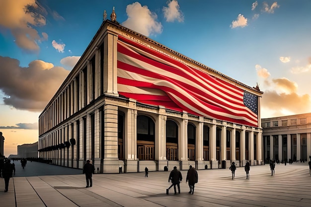 A large american flag hangs on the side of a building.