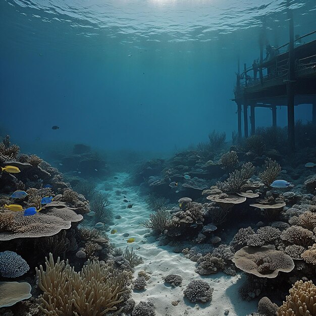 a large amount of corals are under a blue water