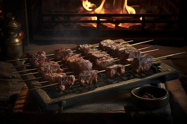 a large amount of meat being grilled over an open fire on a grill