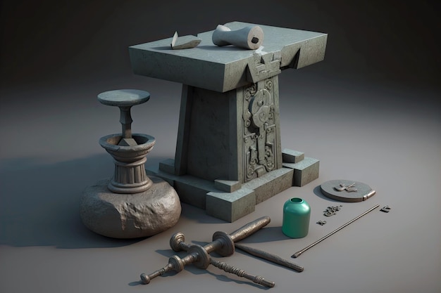 Large anvil in form of stone table with hammer and metal objects