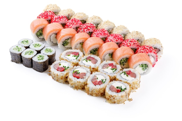 large appetizing set of rolls with salmon and seafood on a white background for a food delivery site