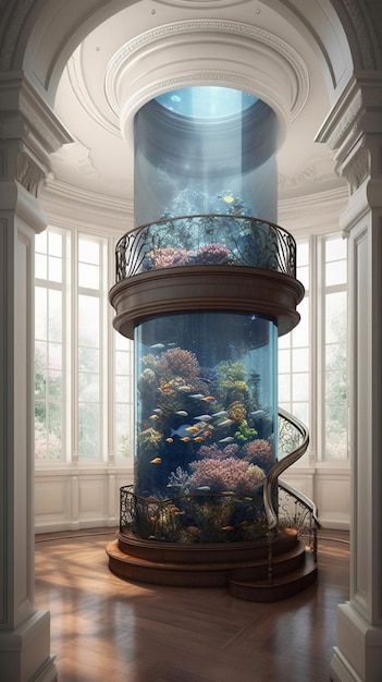 A large aquarium in a room with a staircase and a fish tank