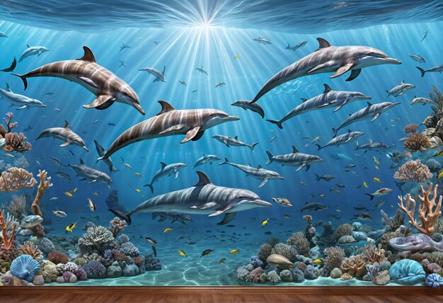 Foto un grande acquario con molti delfini che nuotano sotto di esso