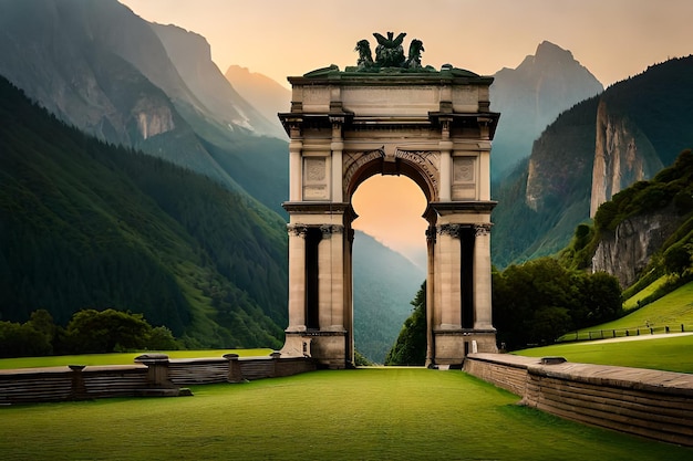 a large arch with a mountain in the background