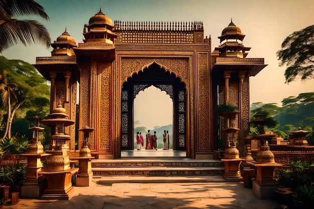 Photo a large archway with three people in front of it