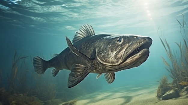 Large armored catfish swimming underwater picture AI Generated Image