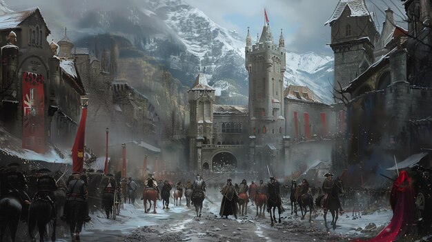 A large army of knights on horseback rides through a snowy mountain pass The knights are dressed in black armor and carry red flags