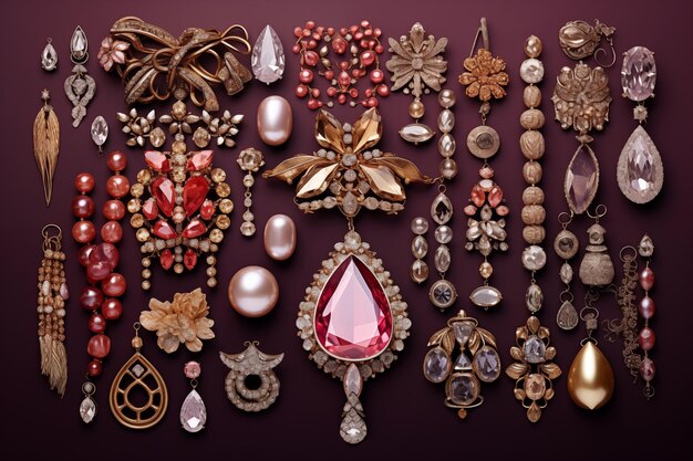 Large arrangement of shimmering jewelry on velvet backdrop Generative AI