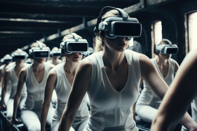 A large assembly of people using virtual glasses for an immersive training experience